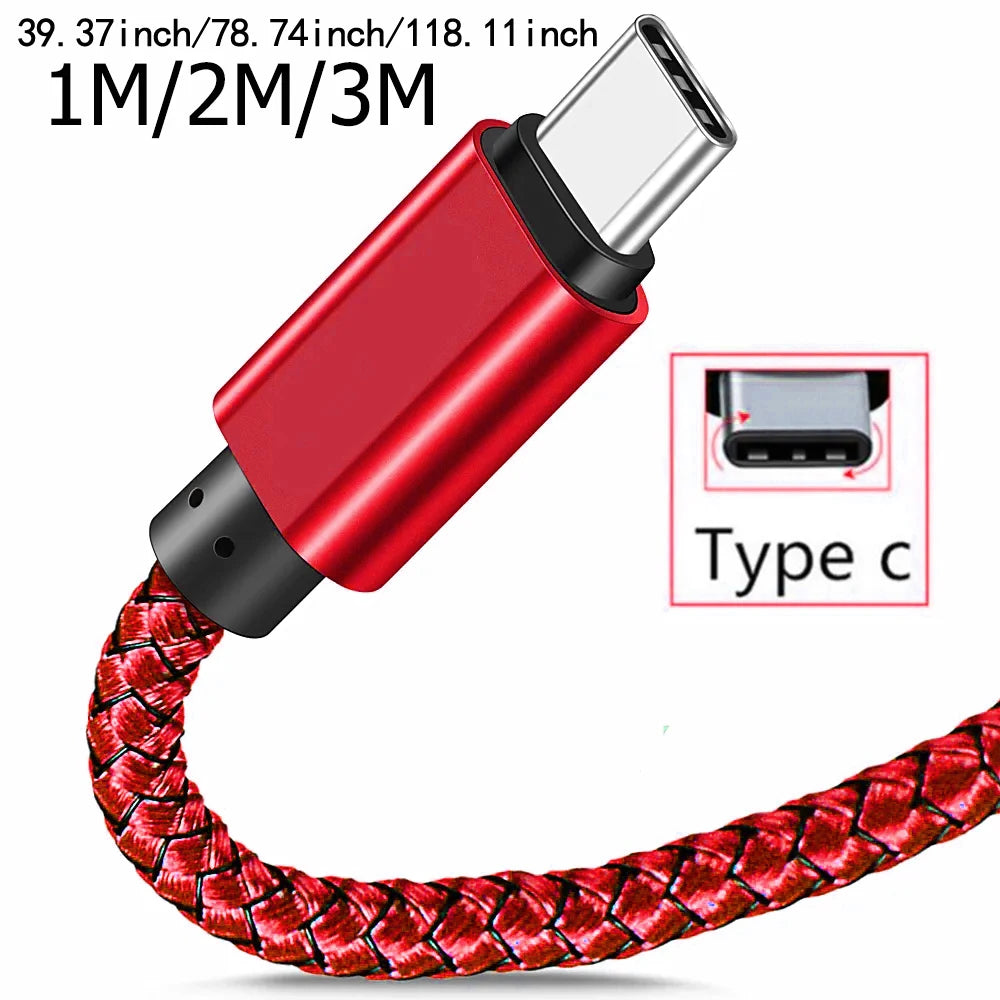 USB Type C Cable Date Sync 2.4A Fast Charging Nylon Braided Wire Charger Cable For Samsung Huawei Android Mobile Phone 1M 2M 3M