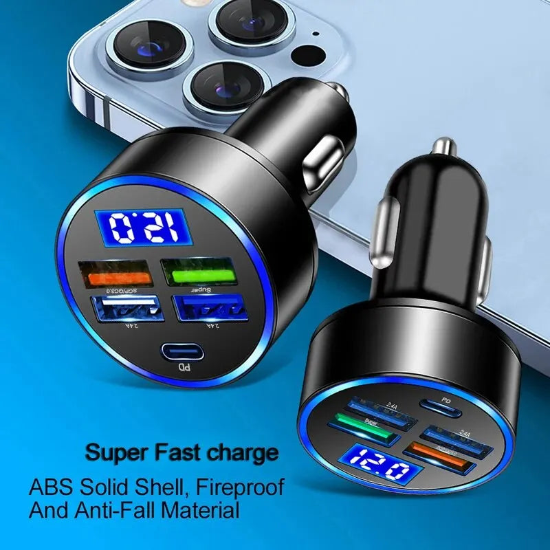 Car Charger 66w 5-port 4USB+1PD Fast Charging Adapter for Apple and Huawei Models